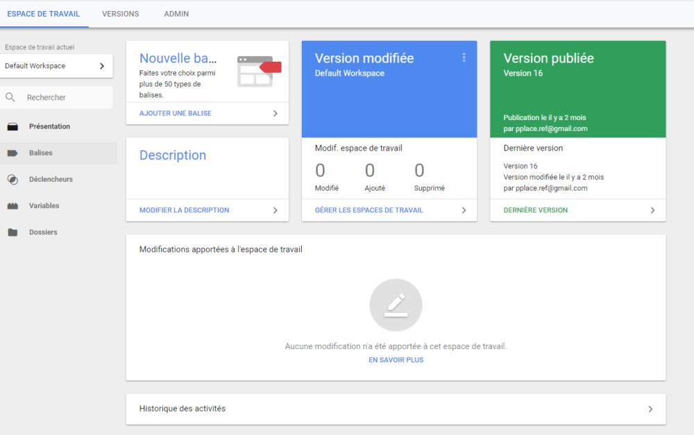 Le tableau de bord de Google Tag Manager