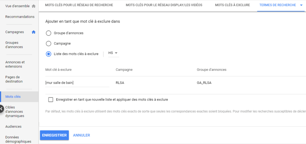 Exclure terme recherche campagne Adwords